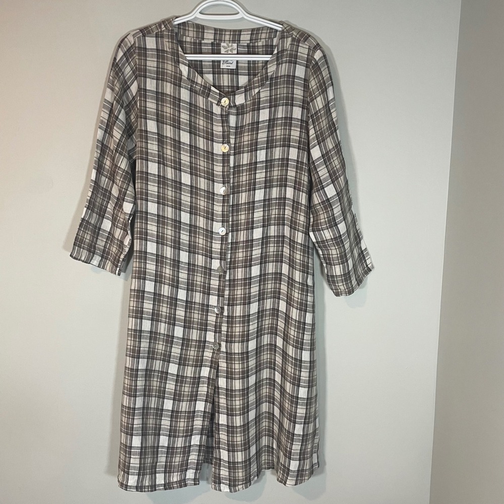 Match Point USA Women Brown‎ Plaid Linen Button Down Tunic Dress Small Lagenlook
